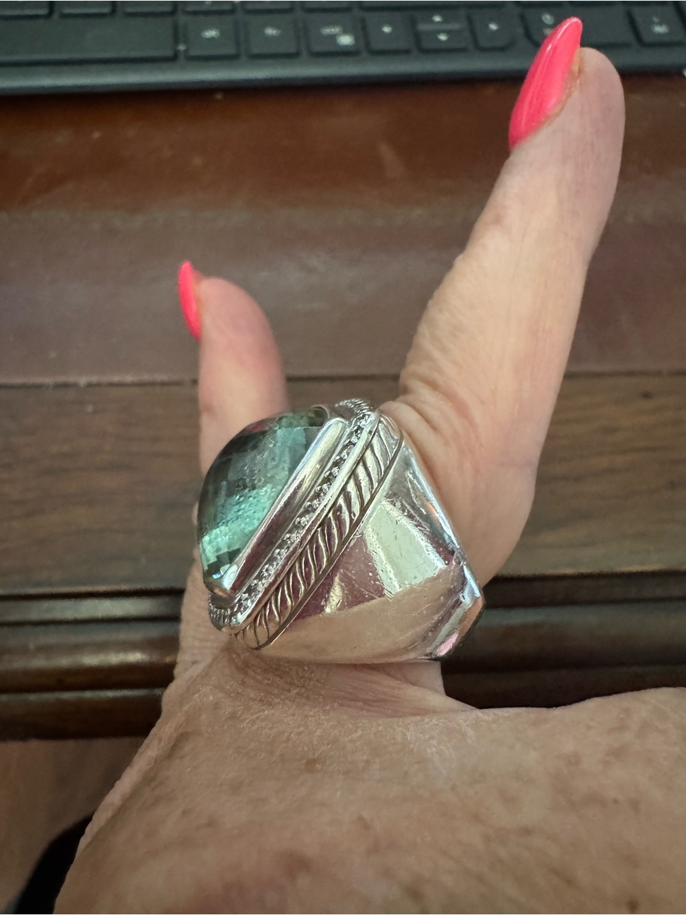 David Yurman Cushion Light Green Gemstone Ring with Silver Halo - Picture 2 of 5
